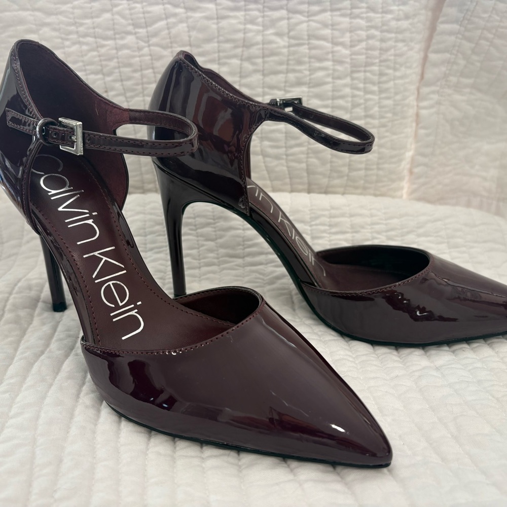 Calvin Klein Women’s Patent Leather Pointed-Toe Ankle-Strap Pumps in Burgundy
